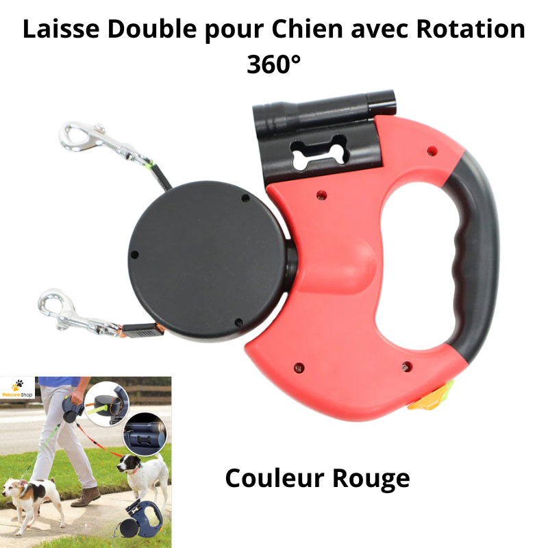 Laisse Double pour Chien avec Rotation 360° et Lampe d'éclairage
