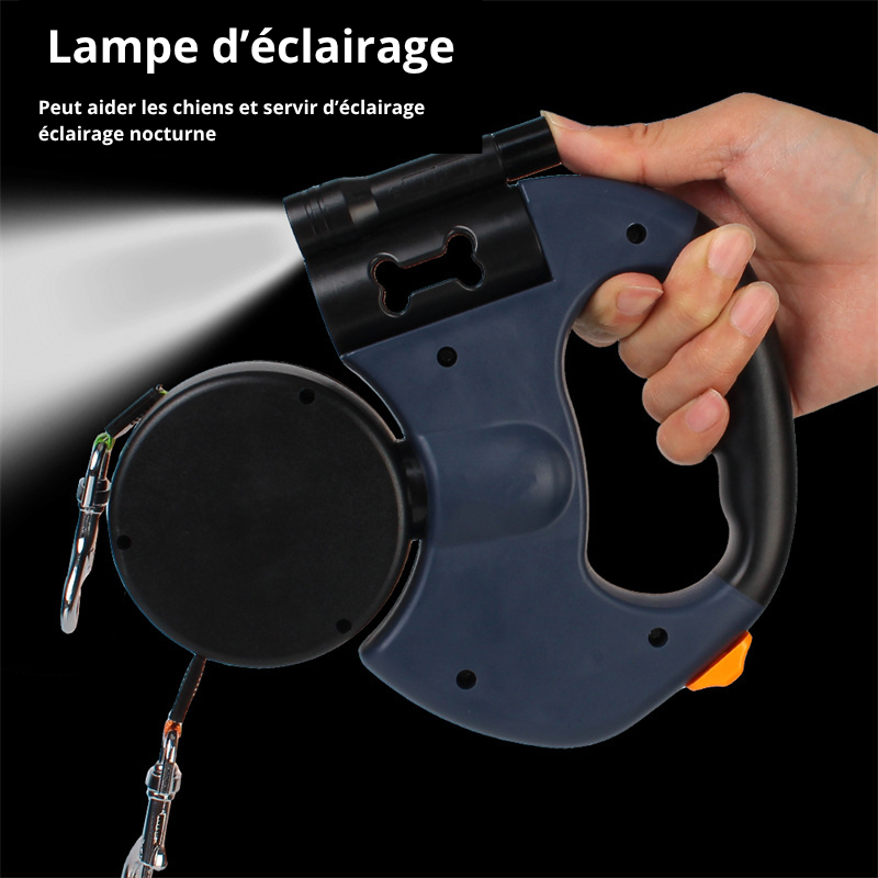 Laisse Double pour Chien avec Rotation 360° et Lampe d'éclairage