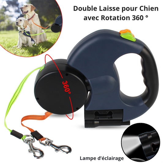 Laisse Double pour Chien avec Rotation 360° et Lampe d'éclairage