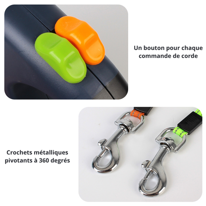 Laisse Double pour Chien avec Rotation 360° et Lampe d'éclairage